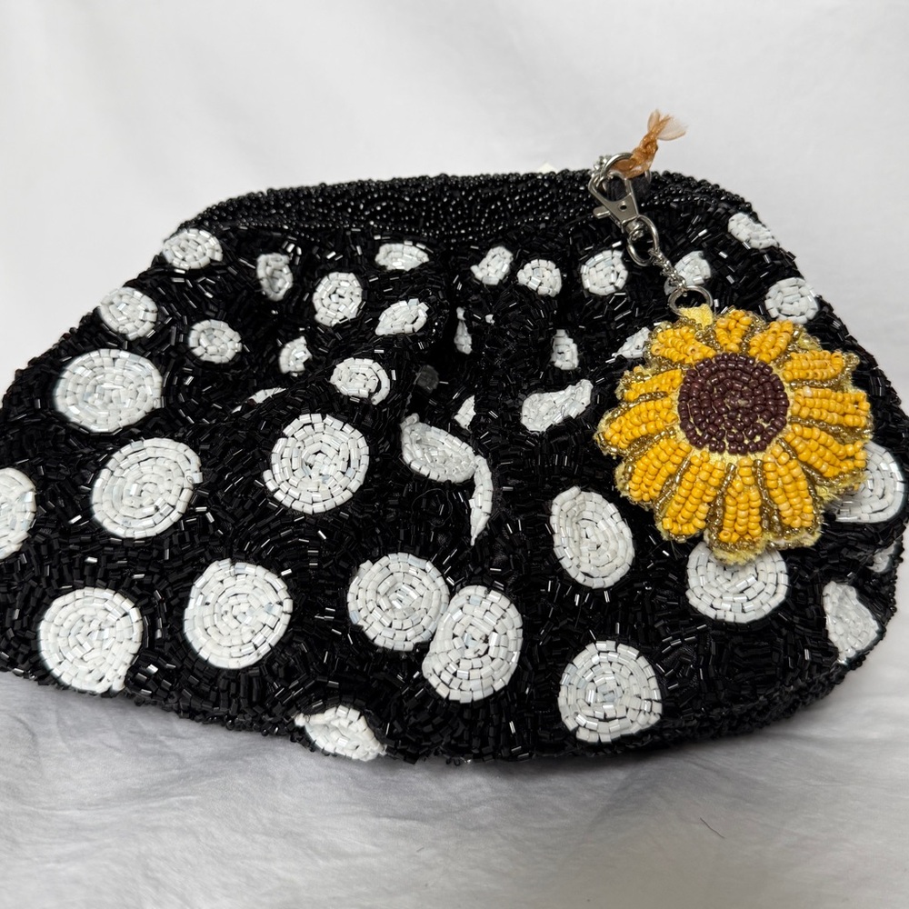 Black and White Polka Dot Beaded Clutch with Sunflower Charm Handmade